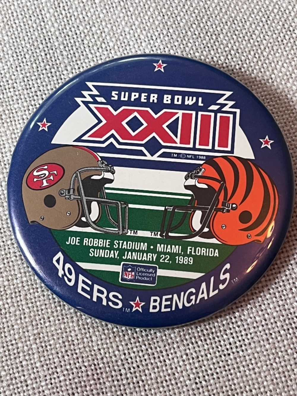 Officially Licensed Super Bowl XXIII 1989 49ers Bengals Vintage NFL 3.5" Pin